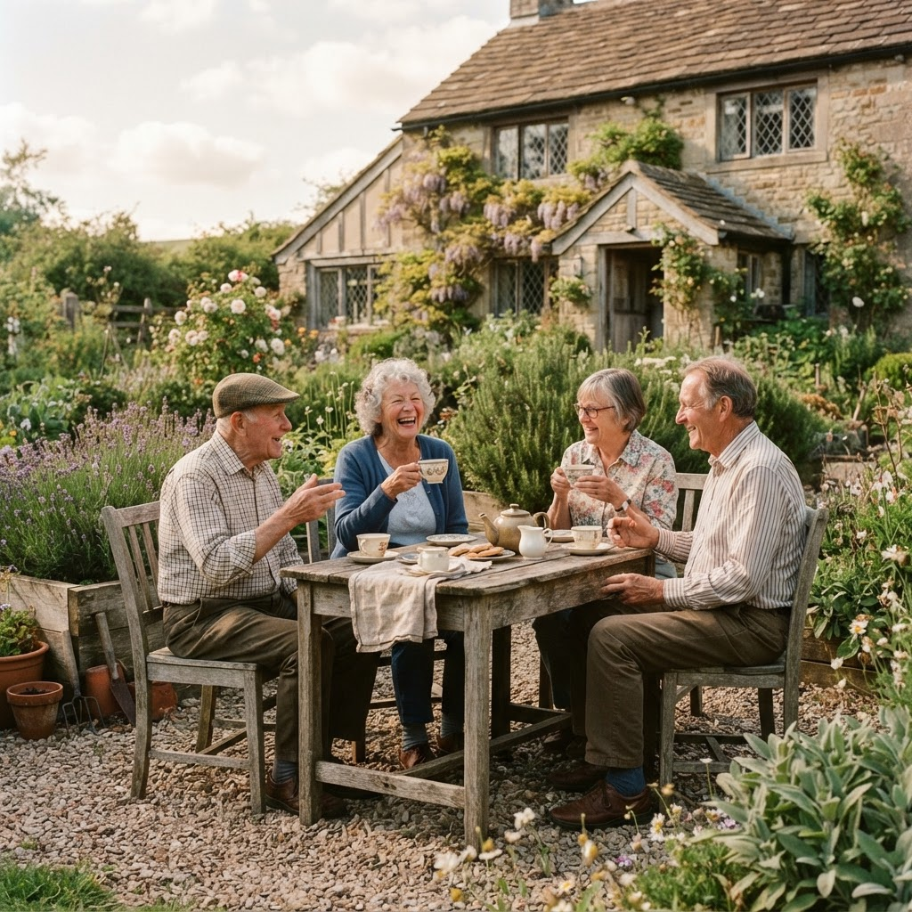 A small group of friends sharing tea outdoors near a herb garden and cottage