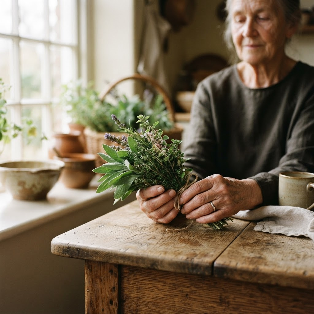 Weathered hands holding a freshly cut bundle of garden sage in warm afternoon light