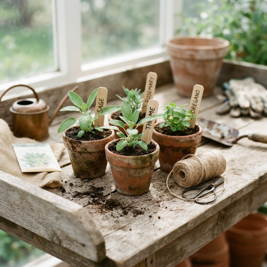 Beginner herb garden starter kit with terracotta pots and sage seedlings