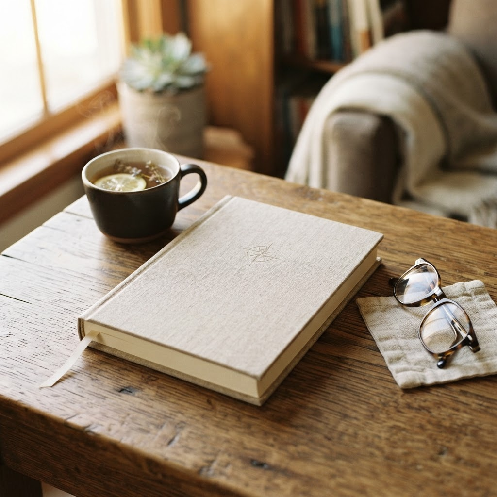 Linen-bound retirement planning journal beside a cup of herbal tea