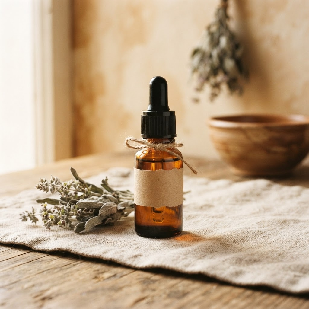 Amber glass bottle of sage essential oil beside dried sage sprigs