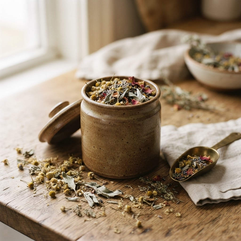 Ceramic jar of loose herbal tea blend with dried sage and chamomile