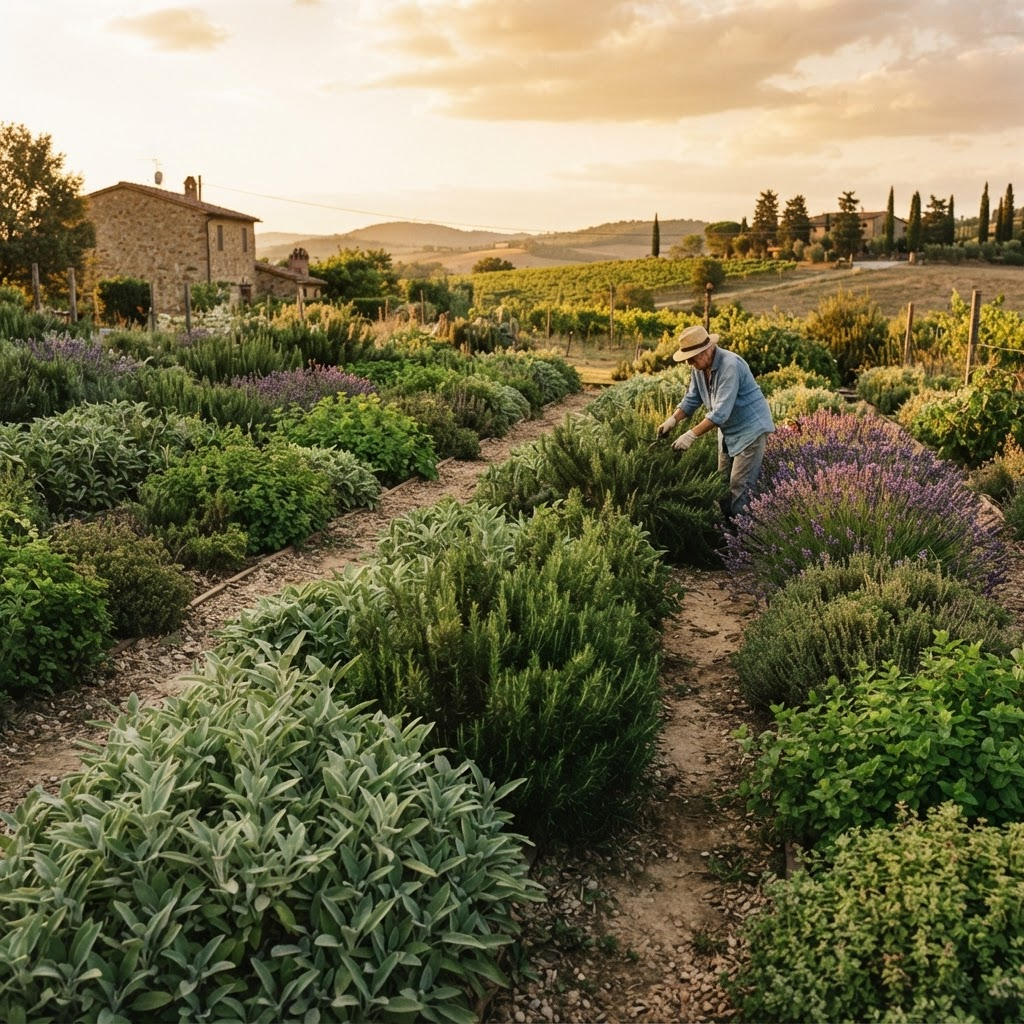 A countryside herb garden at golden hour with rows of sage, rosemary, and lavender
